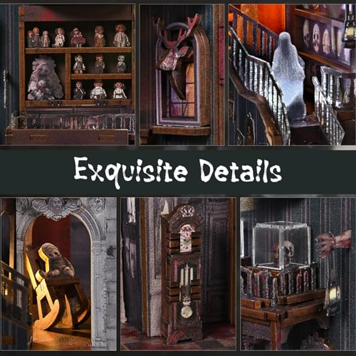 MiniCity Book Nook Kit with LED Light, DIY Miniature Dollhouse Booknook Kit, Creepy Scary 3D Wooden Puzzle Bookshelf Insert Decor for Stress Relief Craft for Book Lovers & Adult (Haunting Relics)