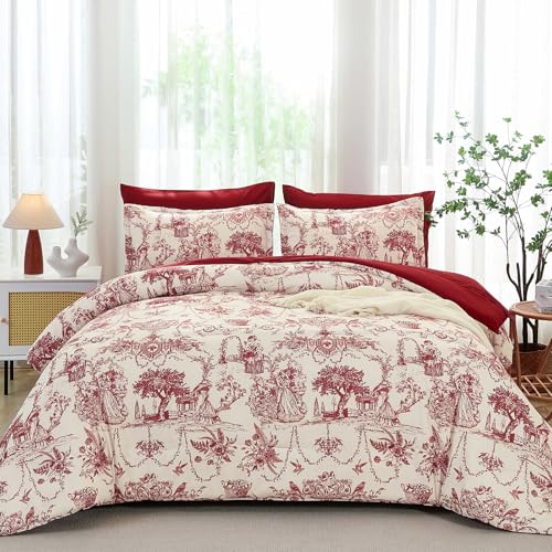 Red Comforter Set Queen 7 Piece Bed in a Bag Toile de Jouy Botanical Comforter with Sheet Set Soft Micorfiber Bedding Set (1 Comforter,2 Pillow Shams,1 Flat Sheet,1 Fitted Sheet,2 Pillowcases) Xruibed