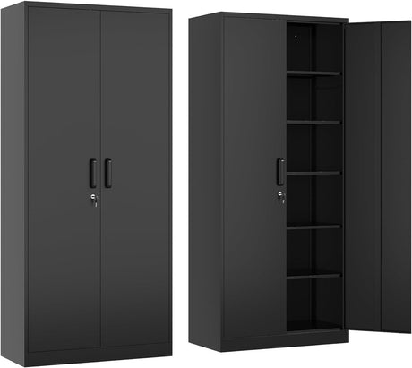 Guizeeopo Metal Storage Cabinet with 5 Adjustable Shelves, Garage Storage Cabinet with Doors and Shelves, File Cabinets for Home Office, Kitchen Pantry Cabinet, 71'H, Black Guizeeopo