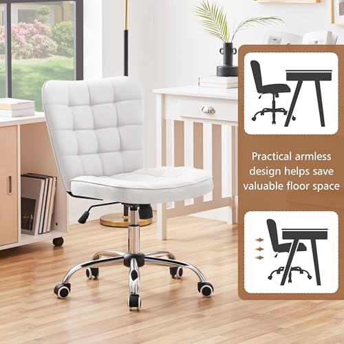 Yaheetech Armless Desk Chair Modern Tufted Office Chair Faux Leather Upholstered Computer Chair with Adjustable Seat Height and Rolling Wheels for Home/Office, White Yaheetech