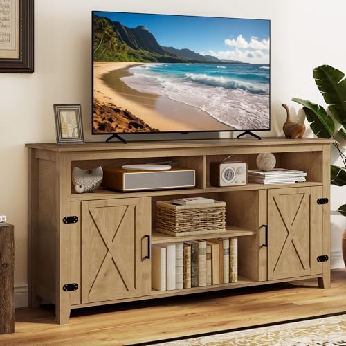 DWVO Farmhouse TV Cabinet for 65 Inch TV, Mid Century Modern TV Stand w/Barn Door, 59'' Entertainment Center with Storage, Rustic Media Console Television Table for Living Room, Natural - WoodArtSupply