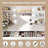 DUMOS Vanity Desk Makeup with Mirror LED Lights, White Table with Power Outlet 3 Drawer, 4 Storage Shelves & 2 Cabinets, 3 Lighting Modes & Adjustable Brightness, Dressing Tables for Bedroom DUMOS