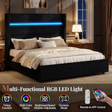 Jocisland King Size Corduroy Upholstered Bed Frame with 4 Storage Drawers & 51.2" Tall Wingback Headboard, LED Bed with Charging Station, No Box Spring Needed, Dark Jocisland