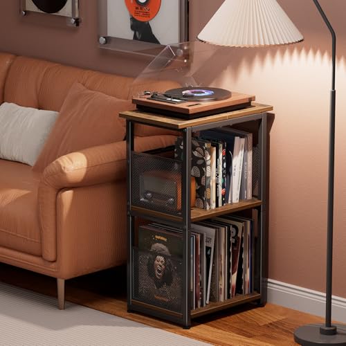 Simple Trending Record Player Stand, 3 Tiers Tall Side Table, Turntable Table with Vinyl Record Storage Up to 200 Albums, Rustic Brown Simple Trending