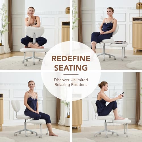Ergonomic Cross Legged Chair with Wheels,360° Swivel Meditation Chair,ADHD Chair, Criss Cross Desk Chair with Lumbar Support and Adjustable Stool, Flexible Design for Fidgety Sitters, Ivory leader cattle