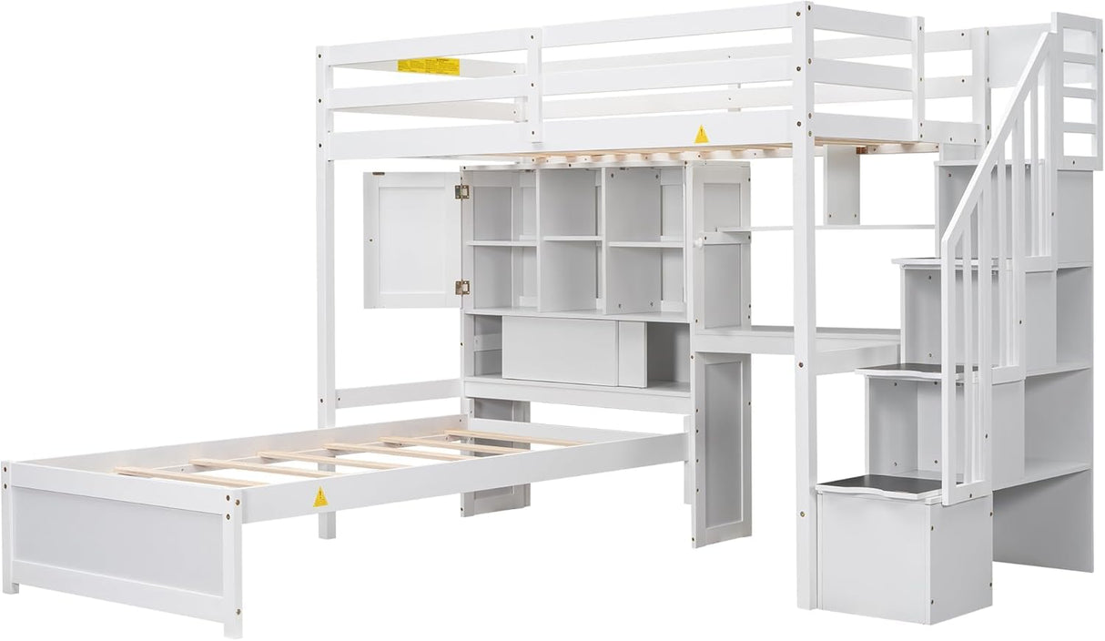 Virubi Twin Over Twin L-Shaped Bunk Bed with Desk and Storage Staircase, Wood L-Shaped Loft Bed with Desk and Storage Bookcase Shelves for Kids Boys Girls (White) Virubi