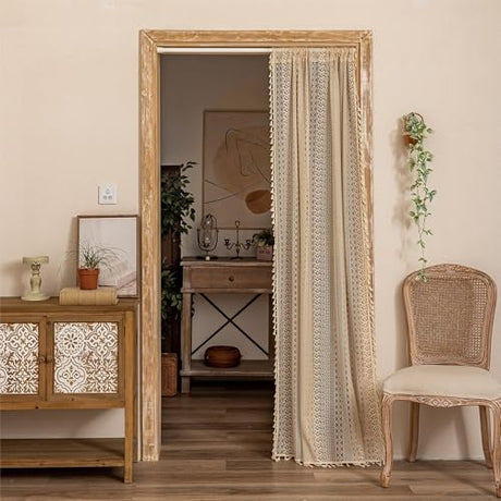 Sutuo Home Boho Doorway Curtains for Closet Patio, Lace Sheer Door Curtains for Doorway Crochet Vintage Chic Tassels Bohemian Temporary Room Divider Privacy Rustic Geometry Rod Pocket, 37" x 80" Beige Sutuo Home