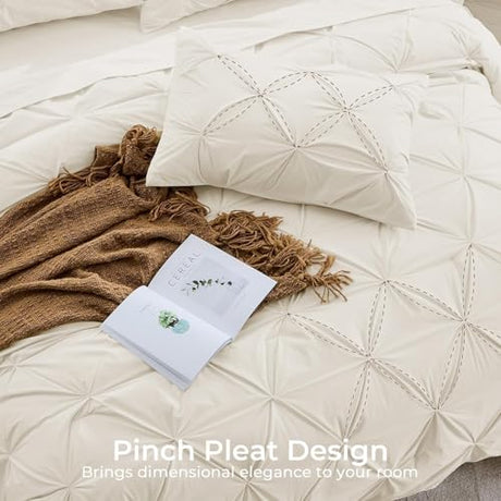 Sasttie Full Size Comforter Set, 7-Piece Bed in a Bag Double, Pintuck Bedding Set for All Season, Includes Comforter, Flat Sheet, Fitted Sheet, Pillowcases and Pillowshams, Beige Sasttie