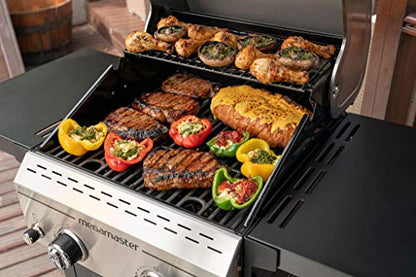 Megamaster 2-Burner Propane Barbecue Gas Grill with Foldable Side Tables, Perfect for Camping, Outdoor Cooking, Patio, Garden Barbecue Grill, 28000 BTUs, Silver and Black, 720-0864MA