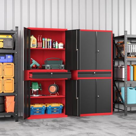 LISSIMO Metal Garage Storage Cabinet with Locking Doors and Drawer, 71" Steel Tool Storage Cabinet with Adjustable Shelves for Garage,Office,Warehouse (Red Black) LISSIMO