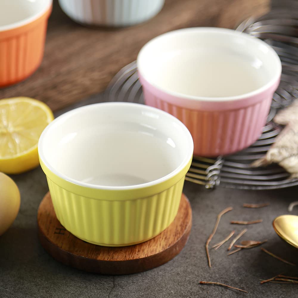 YAZYLIFE Ramekins 6oz Oven Safe,Creme Brulee Ramekins and Souffle Dishes,Porcelain Ramekin Baking Bowls,Dipping Sauce Dish.Pudding Cups,Set of 6,Colorful. (Colorful) YAZYLIFE
