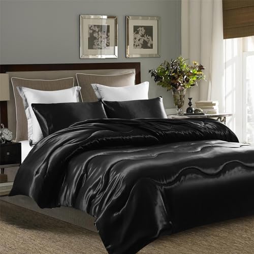 YASMENG Black Satin Silky Comforter Set Queen Size Summer Cooling Glossy Quilt Set Smooth Touch Luxury Hotel Silk Like Satin Duvet Down Alternative Comforter with 2 Pillowcases for All Seasons YASMENG