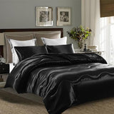 YASMENG Black Satin Silky Comforter Set Queen Size Summer Cooling Glossy Quilt Set Smooth Touch Luxury Hotel Silk Like Satin Duvet Down Alternative Comforter with 2 Pillowcases for All Seasons YASMENG