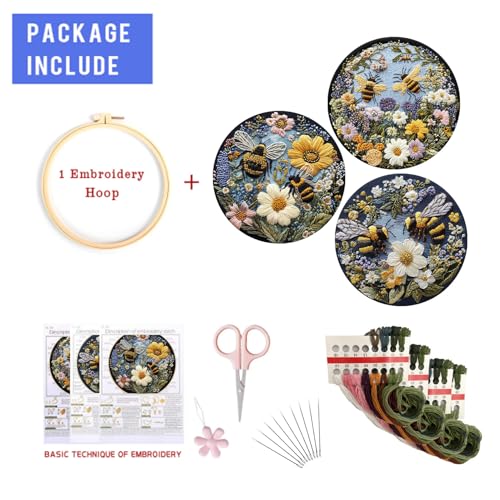 LB Yellow Floral Embroidery Kit for Beginners Adults, 3 Sets Hand Embroidery Starter Kit with Bee Pattern and Instructions Stamped Cross Stitch Kits Include Embroidery Hoop Needles Threads Scissors