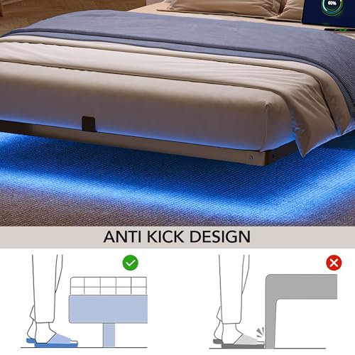 Decofy Full Size Floating Bed Frame with LED Lights and Charging Station, Modern Minimalist Design, No Spring Mattress Required, Easy to Assemble Decofy