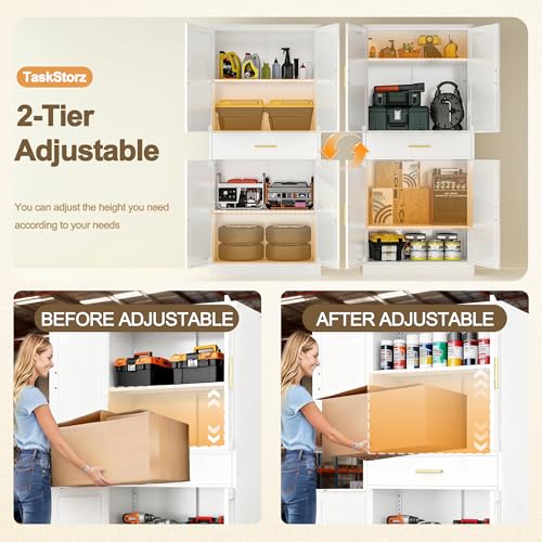 TaskStorz 71" Tall Kitchen Pantry Cabinet, Metal Kitchen Pantry Storage Cabinet with Drawer and 2 Adjustable Shelves, Freestanding Pantry Cupboard for Living, Dining Room, White TaskStorz