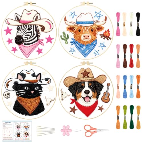 BEUNITONE 4 Set Embroidery Kit for Beginners, Animal Cowboy Patterns Cross Stitch Kits, Needlepoint Kits for Adults with Hoop, Cute Hand Embroidery Patterns for Cloth and Home Decor