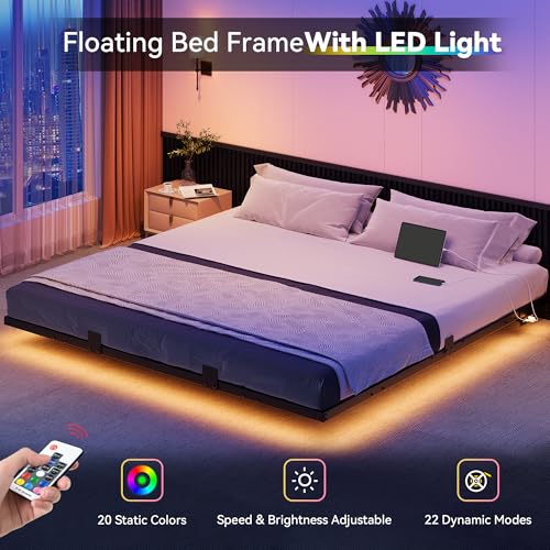YITAHOME Floating Bed Frame King Size,Floating Bed with LED Lights & Charging Station, Metal Platform Bed Frame with Heavy Duty Steel Slats, No Box Spring Needed, Black YITAHOME