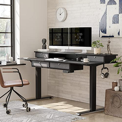 FEZIBO 63" Height Adjustable Electric Standing Desk with 4 Drawers, 63 x 24 Inch Table with Storage Shelf, Sit Stand Desk with Splice Board, Black Frame/Rustic Brown Top, 63 inch - WoodArtSupply