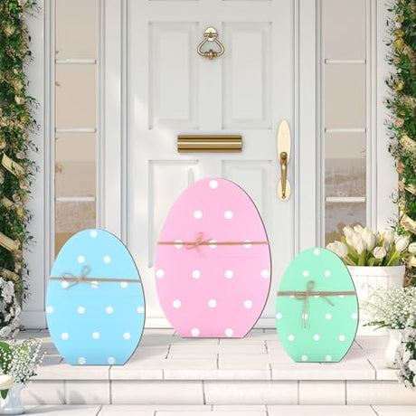 GlikCeil 3 Pcs Easter Wooden Porch Sign Easter Egg Standing Porch Sign Decoration Spring Rustic Outside Easter Decorations for Porch Welcome Decor Outdoor Party Lawn Garden Yard Entryway 12", 16", 21" GlikCeil