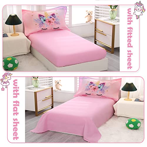 KINBEDY Toddler Bedding Set 4 Piece Pink Unicorn Crib Bedding Set for Girls Soft Cute Floral Toddler Bed Sheets Comforter Set Baby Bedroom Set, Include Comforter, Flat Sheet, Fitted Sheet, Pillowcase KINBEDY
