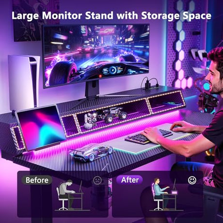 OffiGo Gaming Standing Desk with LED Light, 48 Inch Electric Height Adjustable Table with Power Outlet & Floating Monitor Stand, Sit Stand Computer Workstation for Home, Bedroom, Black OffiGo