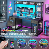 DWVO Computer Desk with Drawers & Hutch, 59.1" Office Desk with Power Outlets & LED Lights, Home Office Desk with Storage Shelves, Grey DWVO