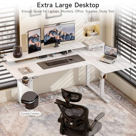 L Shaped Electric Standing Desk, 63x43'' Computer Desks with 2 Monitor Shelves, Dual Motor and Memory Controller, Gaming Corner Desk Adjustable Height from 28-46'' for Home Office Workstation, White ONBRILL
