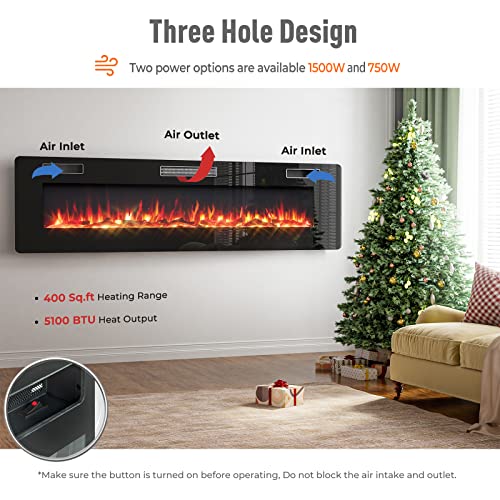 RELAX4LIFE 68" Recessed and Wall-Mounted Electric Fireplaces - Electric Fireplace Inserts with Remote Control, 1-8 Hours Timer, Touch Screen, 12 Adjustable Flames, 5 Speeds, 750/1500W Wall Fireplace RELAX4LIFE
