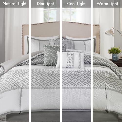 Madison Park Luxury Comforter Set-Traditional Jacquard Design All Season Down Alternative Bedding, Matching Bedskirt, Decorative Pillows, King(104"x92"), Bennett, Geometric Grey, 7 Piece Madison Park