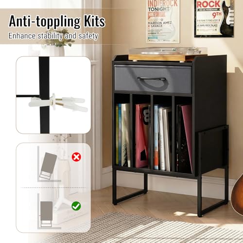 LOKO Record Player Stand, Turntable Stand with Drawer & Record Holder, Vinyl Display Shelf with Metal Frame, Record Storage Table for Living Room, Bedroom, Music Room (Black & Grey) LOKO