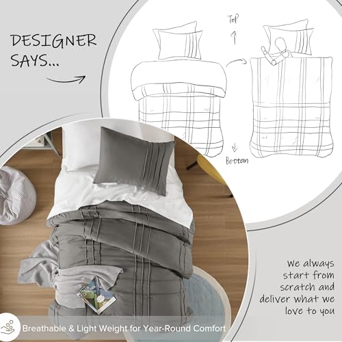 Comfort Spaces Grey Twin Size Duvet Cover Set - 2 Pieces Pintuck Pleated Duvet Cover All Season Lightweight, Extra Softness Pre-Washed Microfiber Twin Bedding Cover Shams, Twin/Twin XL Comfort Spaces