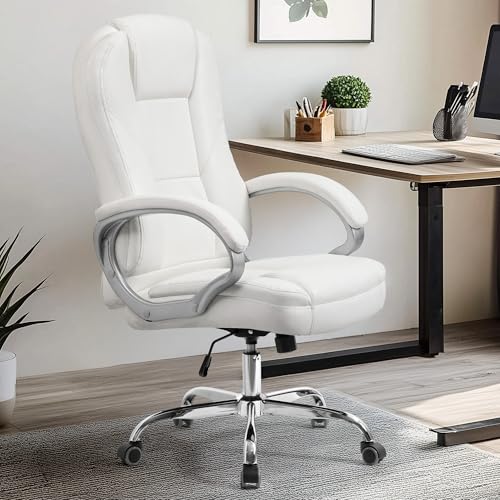 NEO CHAIR Office Desk Ergonomic Gaming Chair High Back Adjustable Computer Chair with Wheels and Lumbar Support Comfy Leather Executive Swivel (White) NEO CHAIR