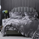 Herside Satin Comforter Set with Sheet Set Queen Size,8 Pieces Grey Ruffle Comforter Silk Like Satin Bedding Set,Soft Smooth Luxury Silky Quilt Set with 1 Cushion Cover All Season Herside