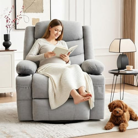 GAOHAPPY Swivel Rocker Recliner Chair, Manual Recliner Single Sofa with Cup Holders and Side Pocket, Chenille Fabric, Upholstered Nursery Rocking Chair for Living Room, Bedroom, Grey GAOHAPY
