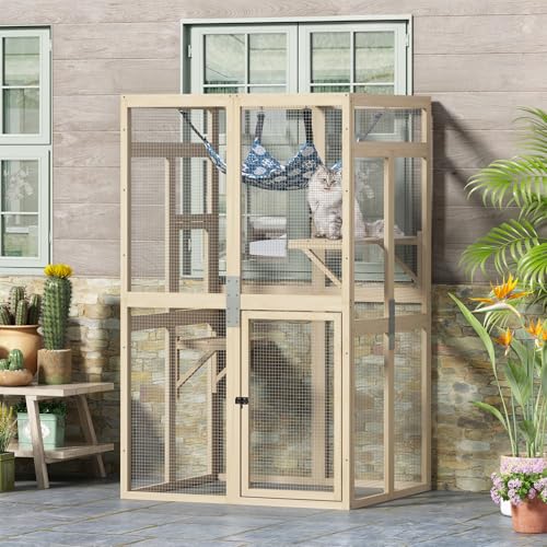 COZIWOW Catio Outdoor Cat Enclosure Window Access, Wooden Cat House Shelter, Kitty Cage with Hammock for Patio Indoor (Wood) COZIWOW