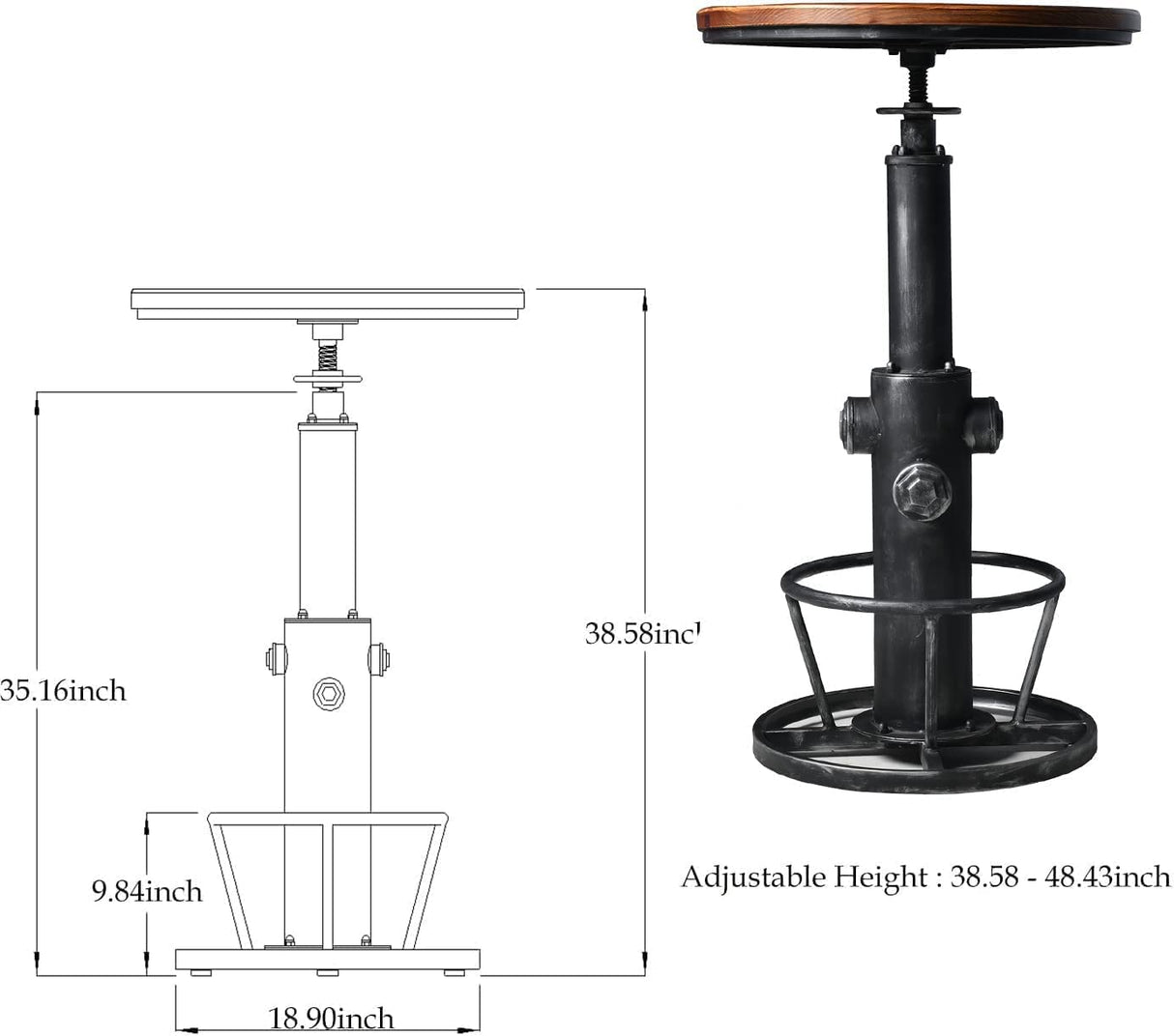 LOKKHAN Industrial Bar Table 38.6"-48.4" Height Adjustable Swivel Round Wood Tabletop 23.7" Dia, Kitchen Dining Office Coffee Bistro Pub Table LOKKHAN