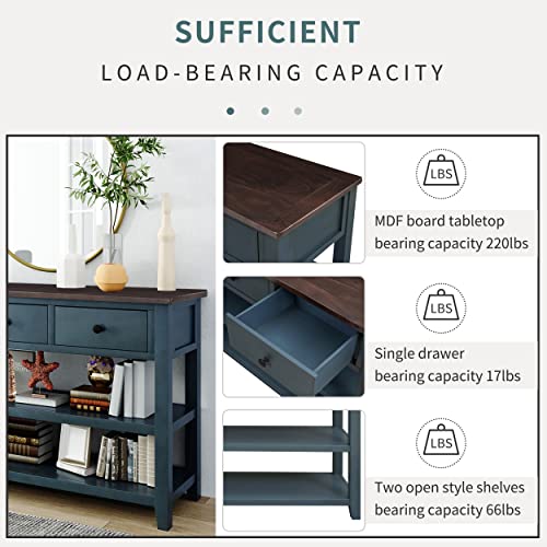 Vintage Console Table Modern Solid Wood Frame Sofa Table with 2 Tier Open Shelves and Top Storage Drawers Entryway Table for Living Room, Hallway, Front Hall, Stairs Area, Easy Assembly Knocbel