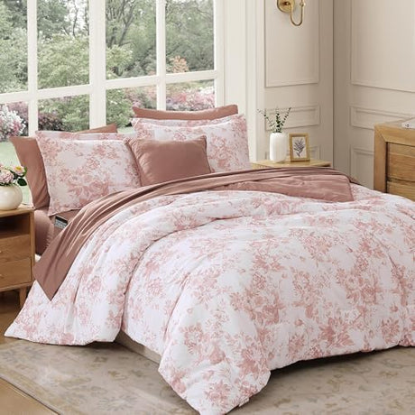 BLOOMHAVEN Full Comforter Set -7 Pieces Pink Floral Comforter Set for All Seasons, Bed in a Bag Full with Botanical Flowers Comforter, Sheets, Pillowcases & Shams BLOOMHAVEN