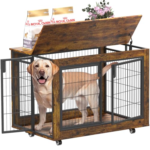 EasyCom Large Dog Crate Furniture, 41.33" Extra Large Dog Kennel Indoor with Top-Access Teasing/Feeding Door, Spacious Dog Crates for Large Dogs, Furniture-Style Dog Cage with Wheels Dog Crat - WoodArtSupply