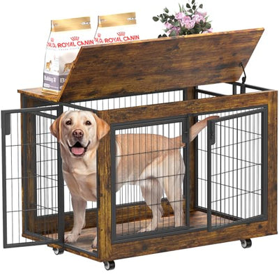 EasyCom Large Dog Crate Furniture, 41.33" Extra Large Dog Kennel Indoor with Top-Access Teasing/Feeding Door, Spacious Dog Crates for Large Dogs, Furniture-Style Dog Cage with Wheels Dog Crate Table