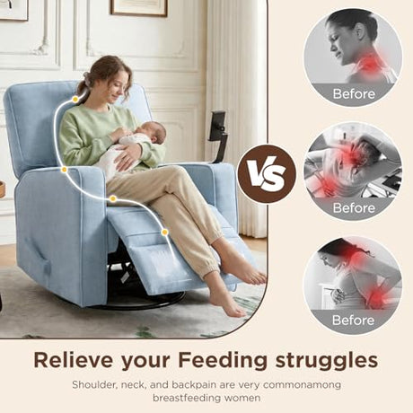 360° Swivel Rocker Recliner Chair with Adjustable Footrest, Rocking Chair Nursery with Phone Stand & Cup Holder,Manual Nursing Chair Glider Recliner Armchair for Adults, Living Room (Blue) FiveWillowise