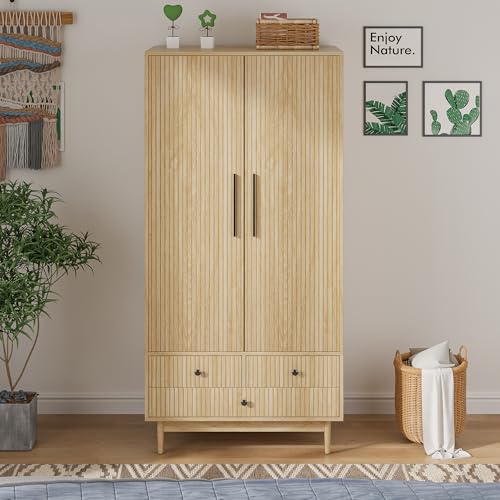 Mxtxmy Armoire Wardrobe Closet with 2 Fluted Doors,64.96" Wooden Clothes Storage Cabinet with Hanging Rod and Shelf Storage,Wardrobe Cabinet with 3 Drawers,Freestanding Closet for Bedroom,Nat - WoodArtSupply