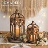 Romadedi Farmhouse Candle Lantern Wooden - 12" / 16" Set of 2 Decorative Rustic Wood Candle Holder Home Decor Decoration Wedding Table Centerpiece, Brown Romadedi