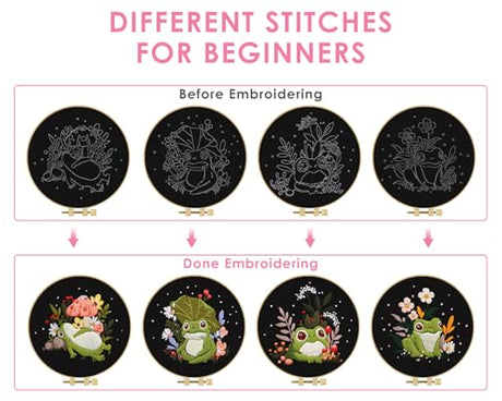 TINDTOP 4 Pack Embroidery Kit for Adult, Embroidery DIY Starter Kit, with Stamped Patterns, Hoop, Tools, Colorful Threads with Needles, Instructions TINDTOP
