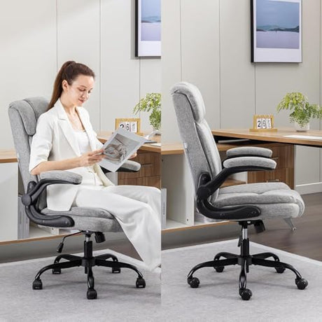 BRTHORY Office Chair High Back Ergonomic Executive Computer Desk Chair Comfortable Fabric Padded Home Office Desk Chairs with Flip-up Arm Rest Adjustable Height Swivel Wheels (Grey) BRTHORY