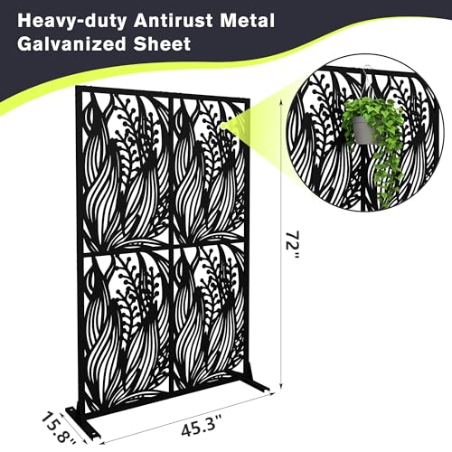 Fulocseny Metal Privacy Screens 72" H Outdoor and Indoor Leaf Pattern Room Divider Privacy Screens Panels for Living Room Balcony Patio Garden (Black Fulocseny