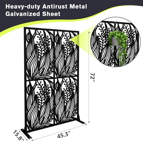 Fulocseny Metal Privacy Screens 72" H Outdoor and Indoor Leaf Pattern Room Divider Privacy Screens Panels for Living Room Balcony Patio Garden (Black Fulocseny