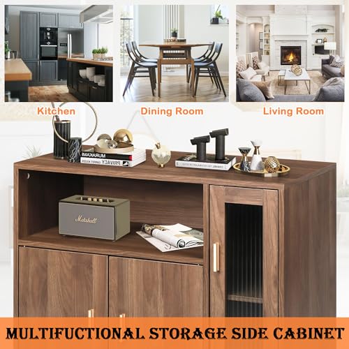 LAZZO Storage Cabinet Credenza Sideboard Buffet Cabinet with Glass Doors Free Standing Accent Entry Cabinet Coffee Bar Cabinet for Living Room, Hallway, Kitchen and Dining Room Brown LAZZO