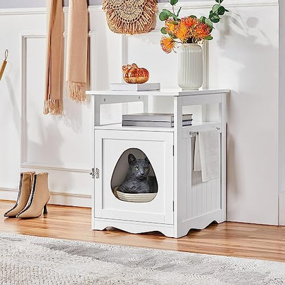 Yaheetech Cat Litter Box Enclosure, Hidden Litter Box Furniture with Open Shelf, Indoor Cat Washroom, Storage Cabinet Pet Crate, Side End Table, Wooden Pet House White